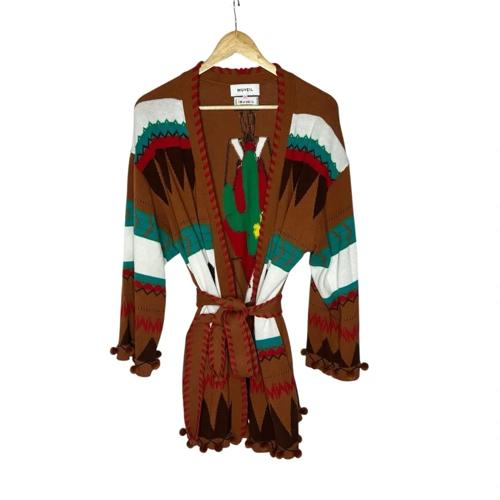 NWOT MUVEIL Western Brown multi Belted Cardigan 38 - Picture 7 of 15